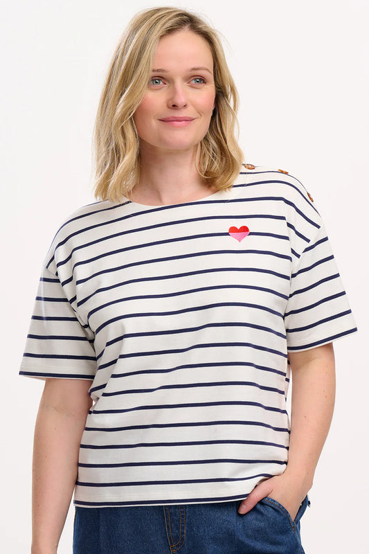 Sugarhill Kirby Breton Tee Top - Off-White/Navy, Split Heart