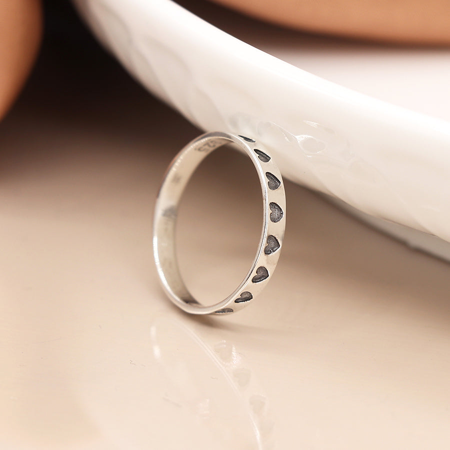 POM Silver Oxydised Hearts Ring