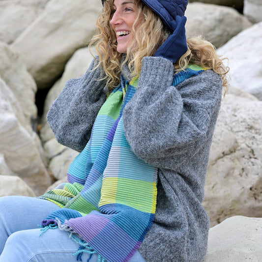 POM Blue/Lime Tassel Fringe Check Blanket Scarf