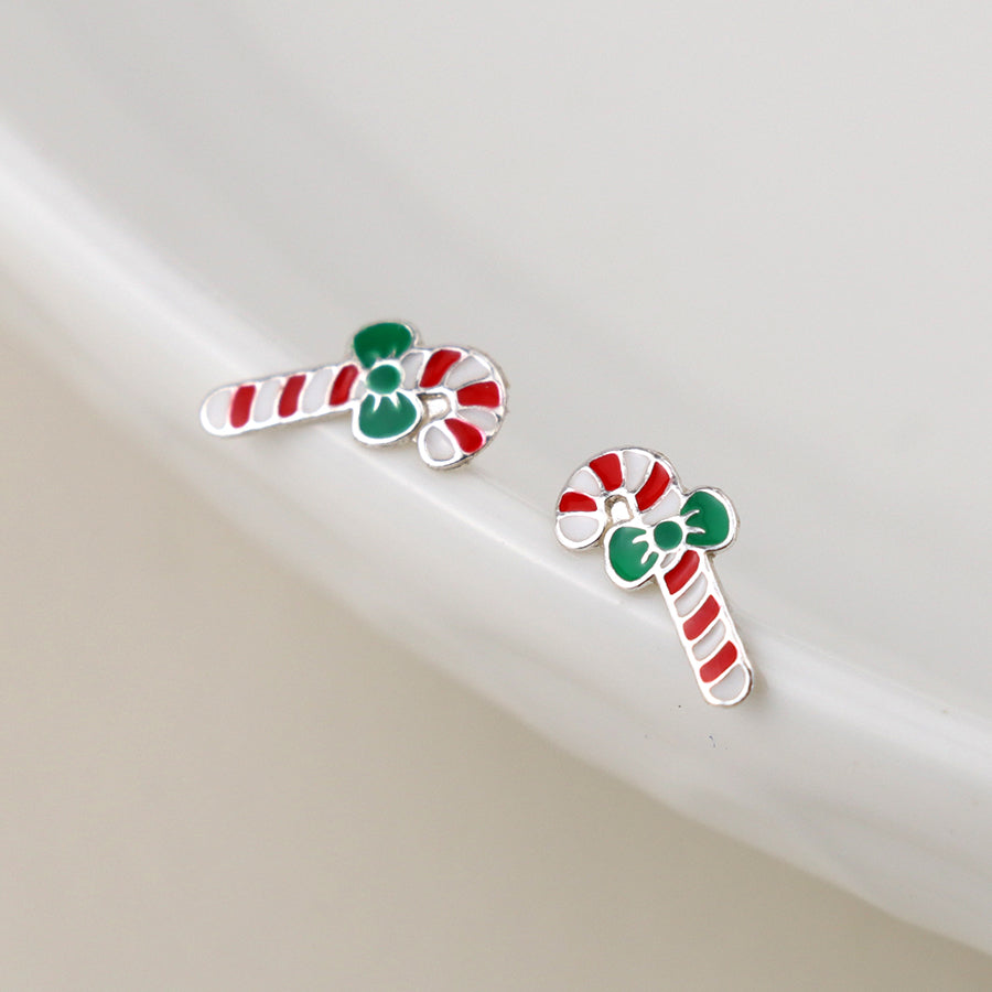 Sterling silver candy cane stud earrings
