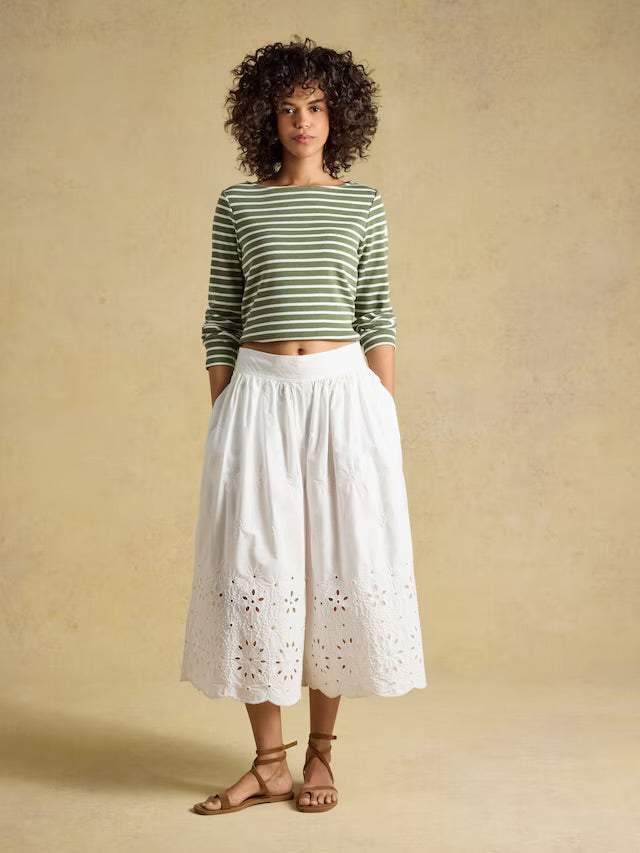 Joules Harbour Khaki Marl & Cream Stripe Long Sleeve Striped Boat Neck Breton Top