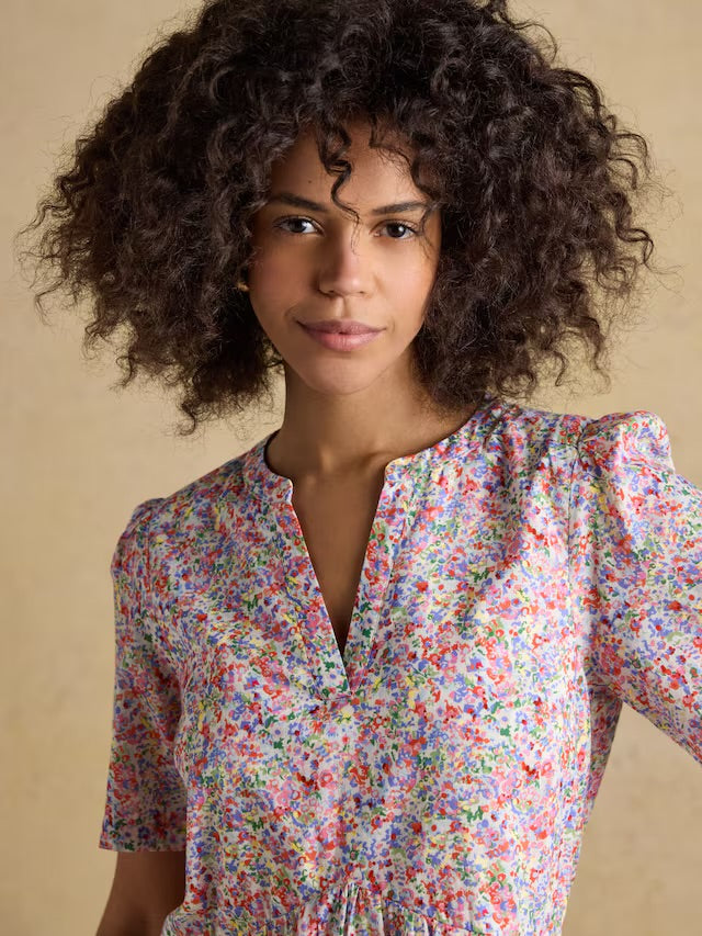 Joules Ariella Pink Ditsy Cotton Tiered Knee Length Dress