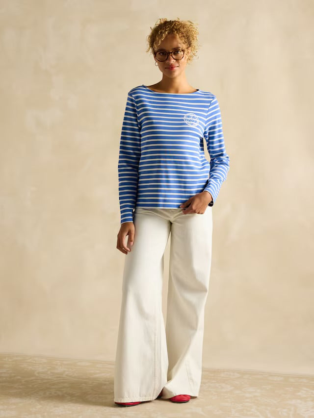 Joules Harbour Blue Stripe Embroidered Boat Neck Breton Top