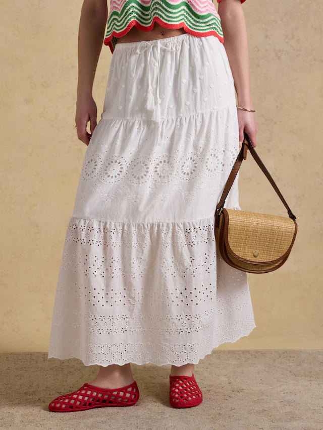Joules Broderie Tiered White Maxi Skirt