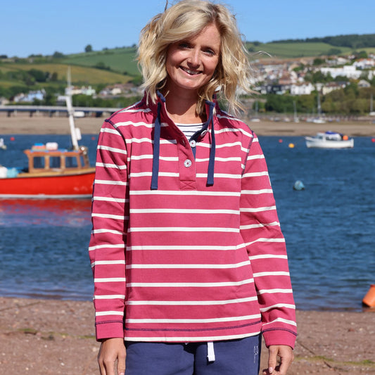 Button Neck Cherry Stripe Sweatshirt by Lazy Jacks