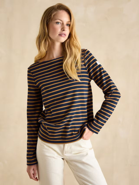 Harbour Navy & Tan Boat Neck Long Sleeve Breton Stripe Top