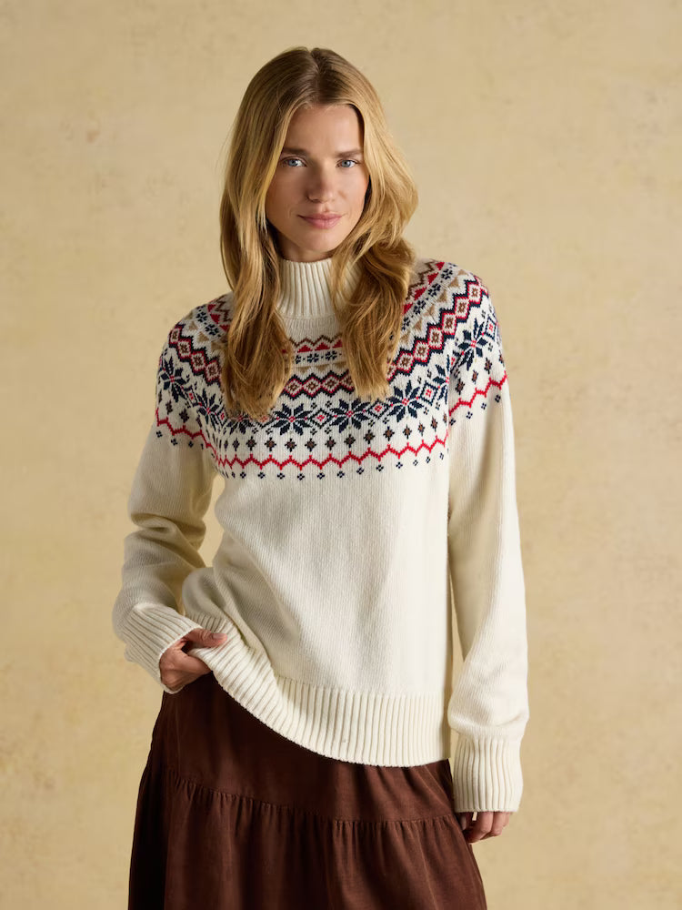 Joules Alba Cream Fairisle High Neck Cotton Blend Jumper