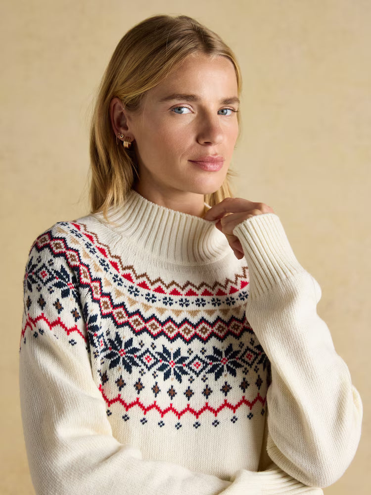 Joules Alba Cream Fairisle High Neck Cotton Blend Jumper