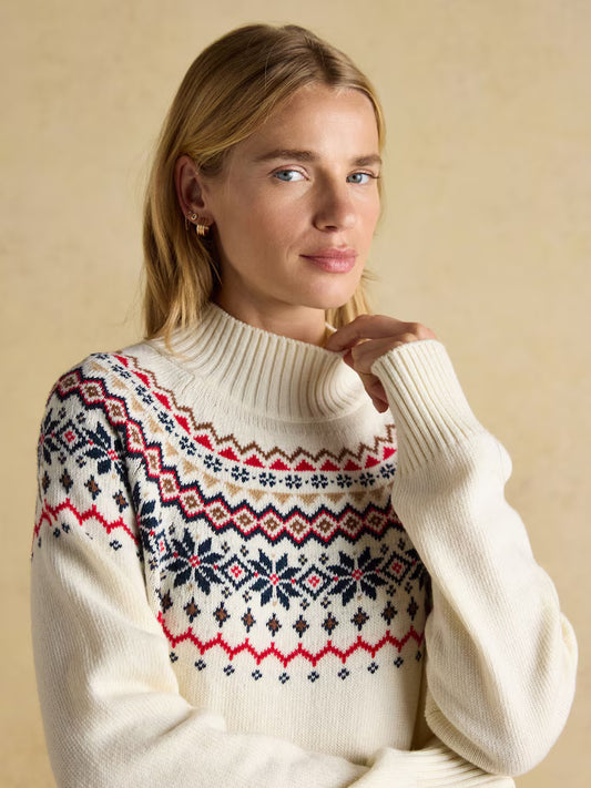 Joules Alba Cream Fairisle High Neck Cotton Blend Jumper