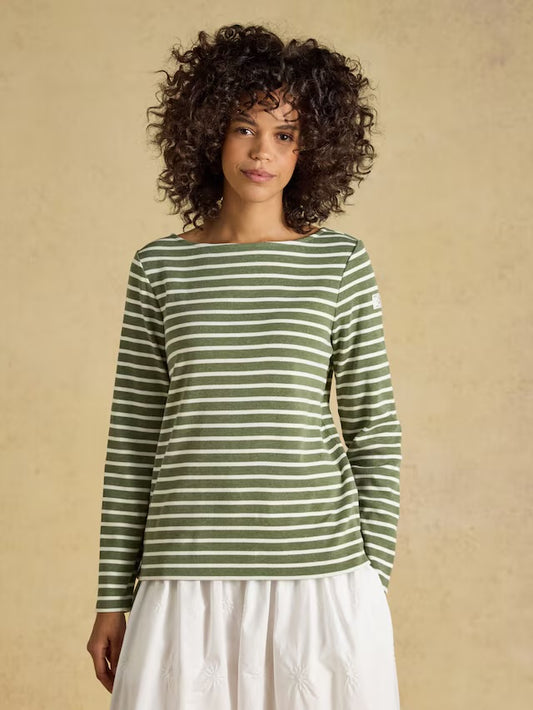 Joules Harbour Khaki Marl & Cream Stripe Long Sleeve Striped Boat Neck Breton Top