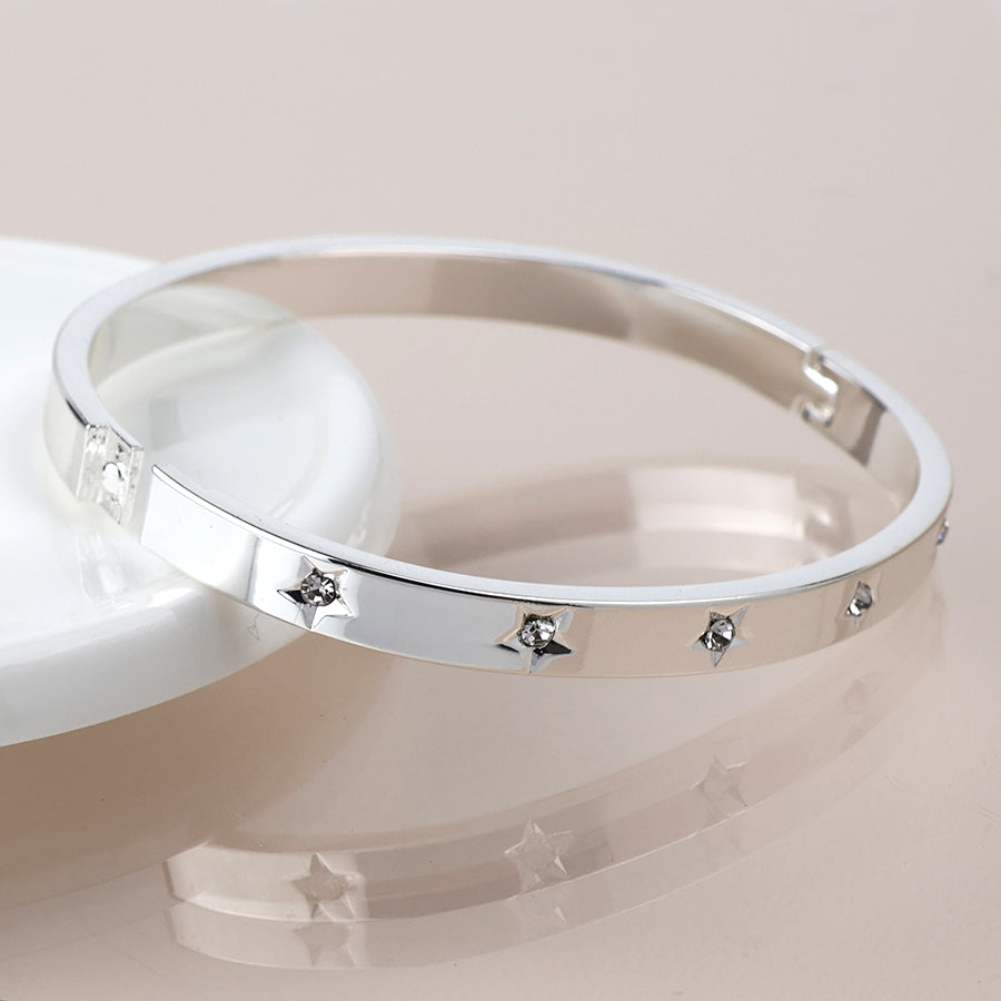 POM Silver crystal stars hinged bangle
