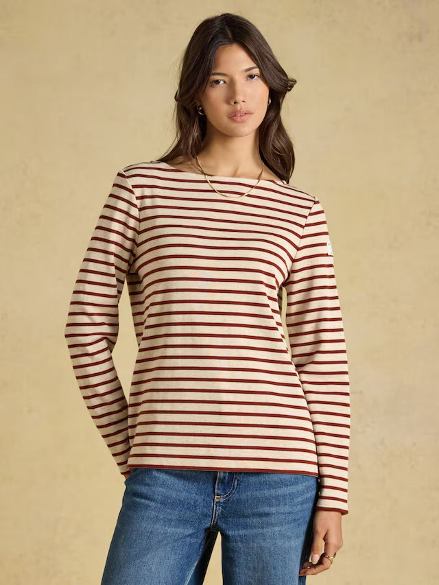 Joules Harbour Oat Marl & Russet Long Sleeve Striped Boat Neck Breton Top