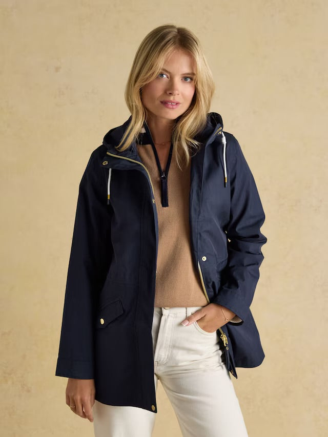 Joules Portwell Navy Blue Waterproof Raincoat With Hood and Adjustable Waist