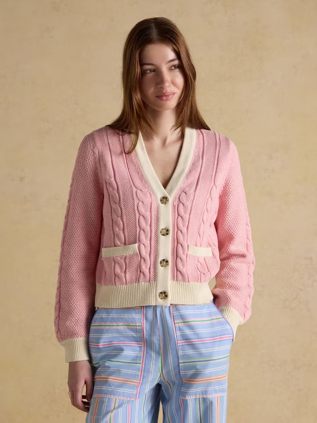 Joules Pink V-Neck Cotton Cable Knitted Cardigan