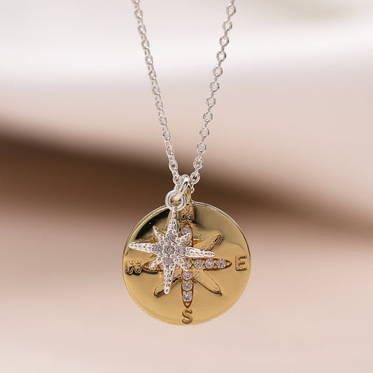 Faux Gold and Silver Plated Double Charm Nautical Compass Necklace