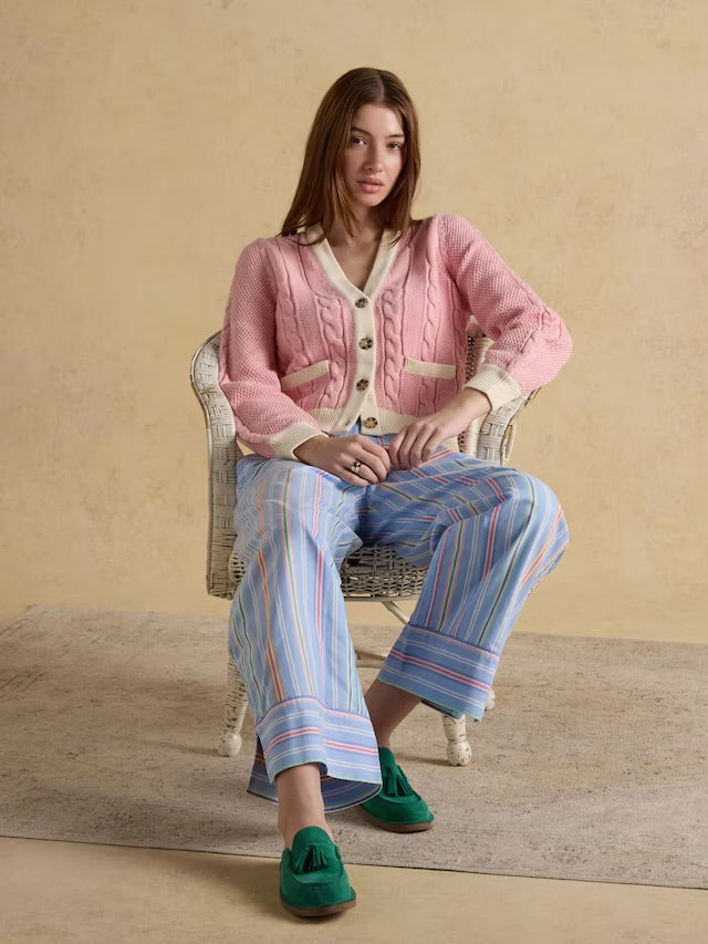 Joules Pink V-Neck Cotton Cable Knitted Cardigan