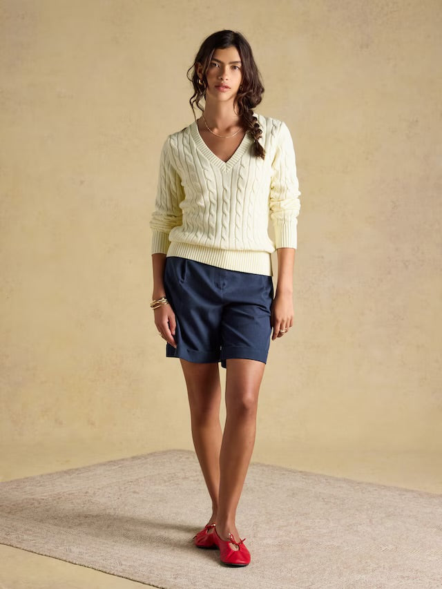 Joules Cream Classic V-Neck Cotton Cable Knit Jumper