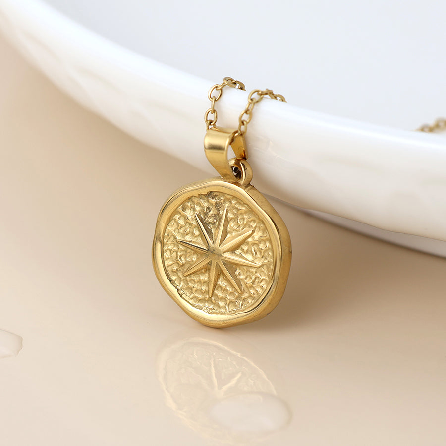 POM Waterproof gold plated compass necklace