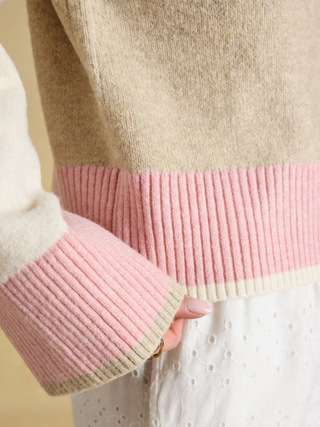 Joules Pink & Cream Crew Neck Knitted Cardigan