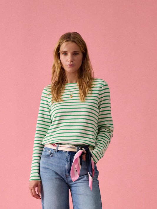 Joules Harbour Cream/Green Boat Neck Long Sleeve Breton Stripe Top