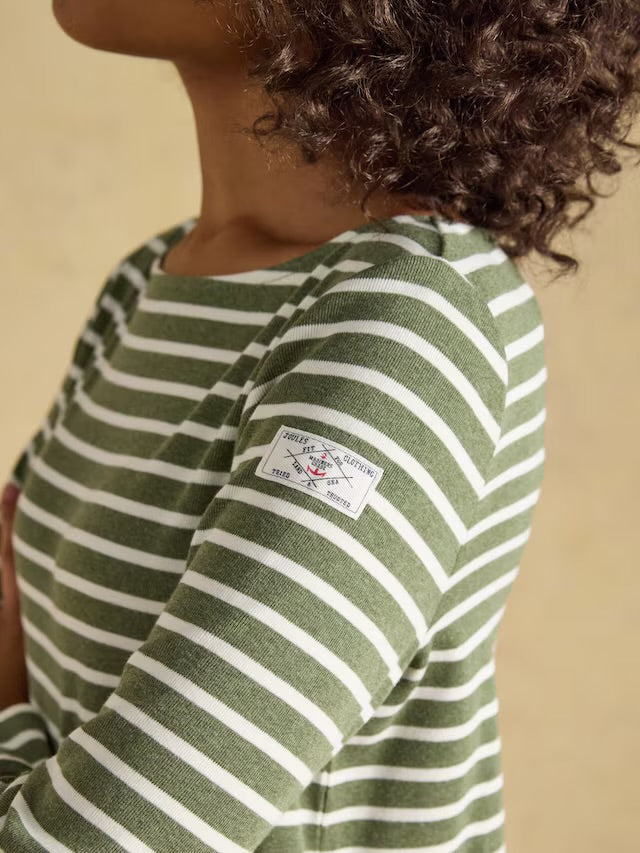 Joules Harbour Khaki Marl & Cream Stripe Long Sleeve Striped Boat Neck Breton Top