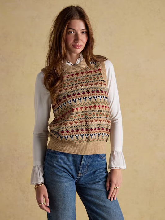 Joules Woodland Oatmeal Cotton-Rich Intarsia Crew Neck Knitted Vest