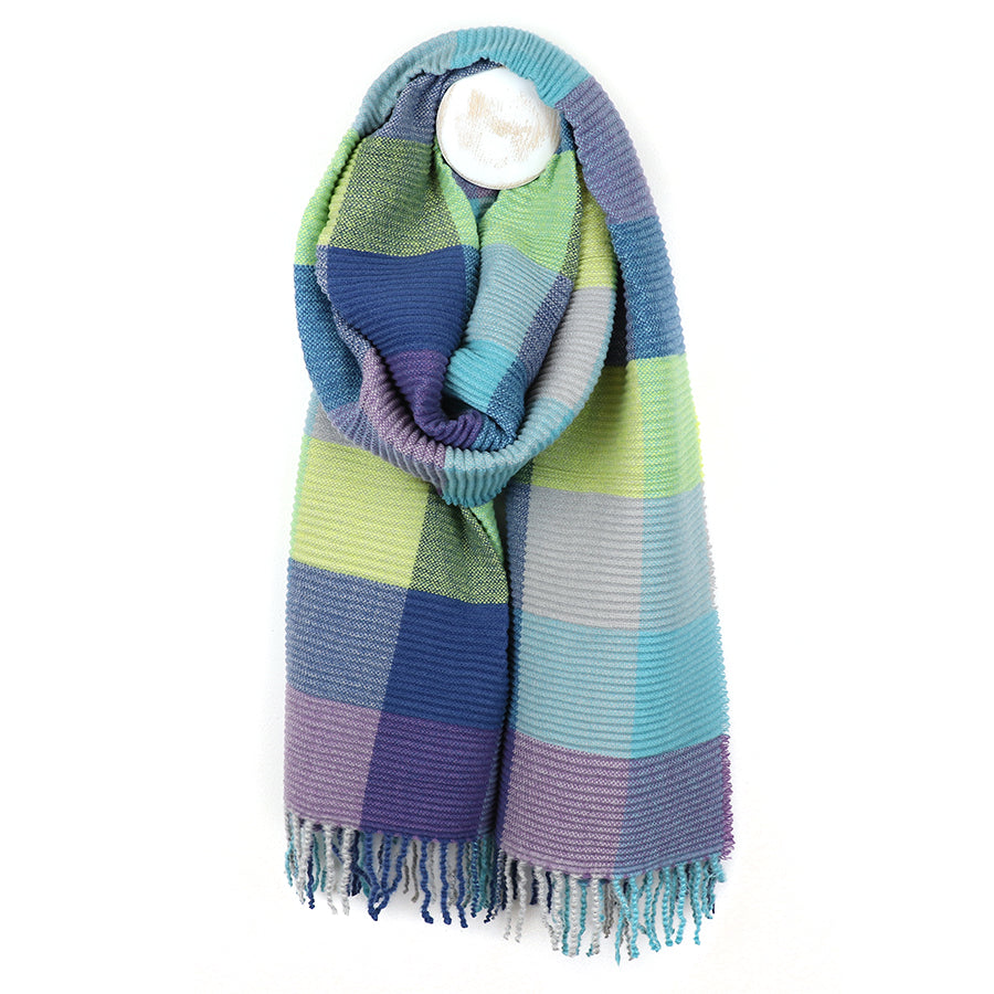 POM Blue/Lime Tassel Fringe Check Blanket Scarf