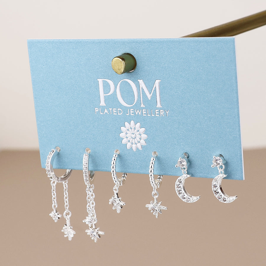 POM Doris silver plated crystal celestial charm earring set