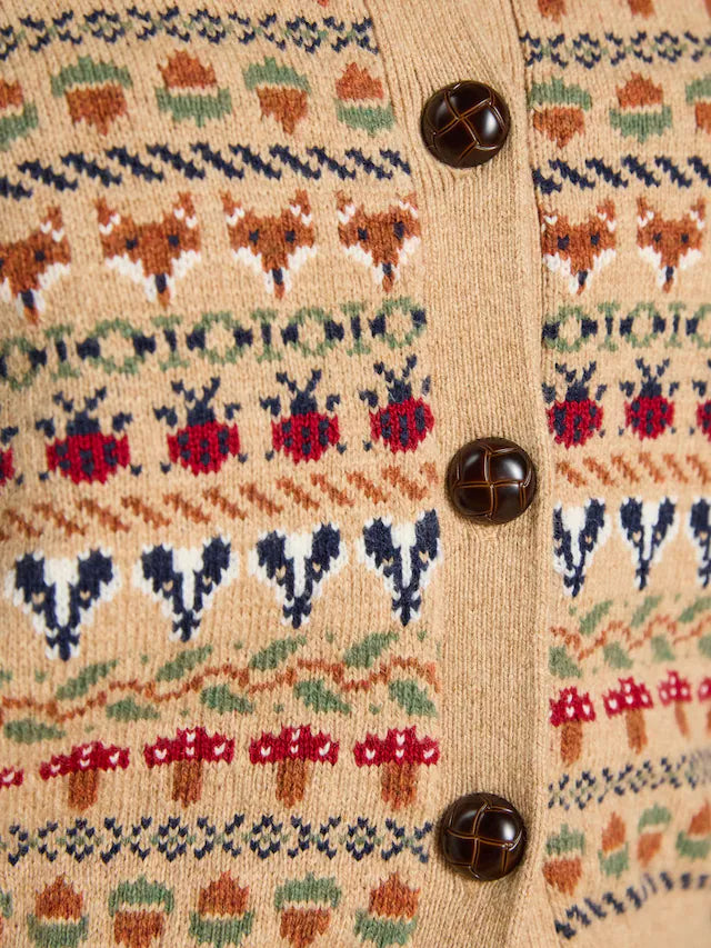 Joules Woodland Pattern Oatmeal Cotton Blend Knitted Cardigan