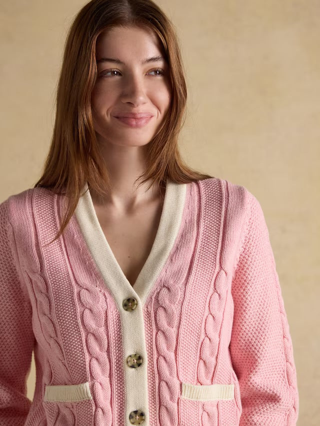 Joules Pink V-Neck Cotton Cable Knitted Cardigan