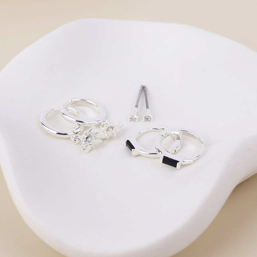 POM Ella silver plated triple earring set with hoops and studs