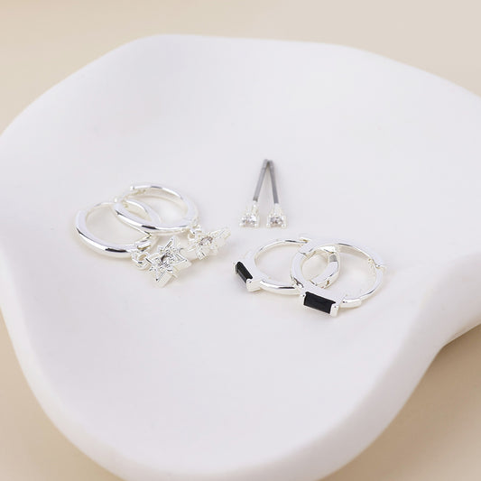 POM Ella silver plated triple earring set with hoops and studs