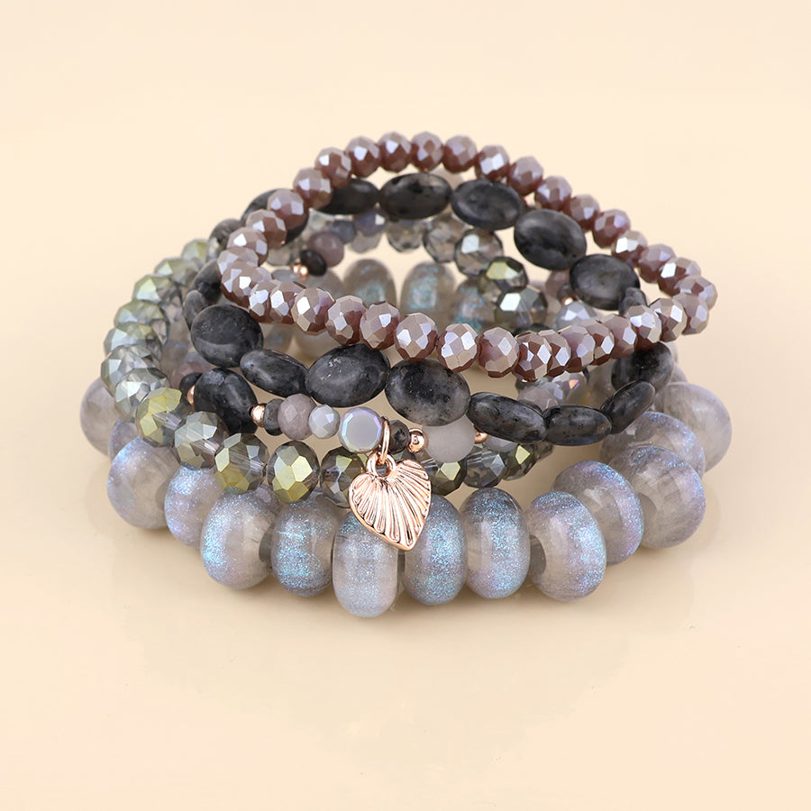 POM Misty five bracelet grey mix beaded stack with rose gold heart