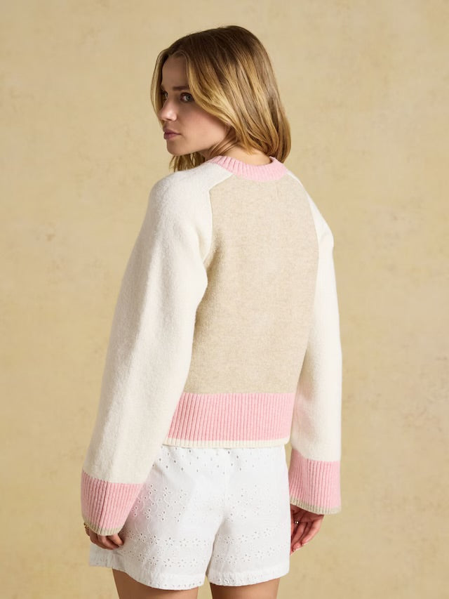 Joules Pink & Cream Crew Neck Knitted Cardigan