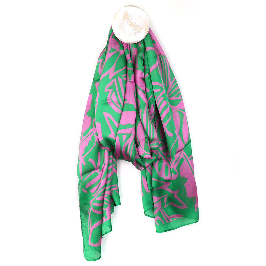 POM Recycled green and pink silky tropical leaf print scarf