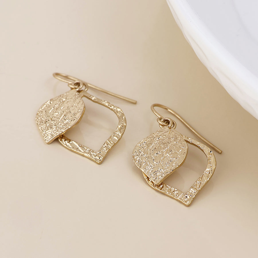 POM Halo golden foil textured layered leaf drop earrings