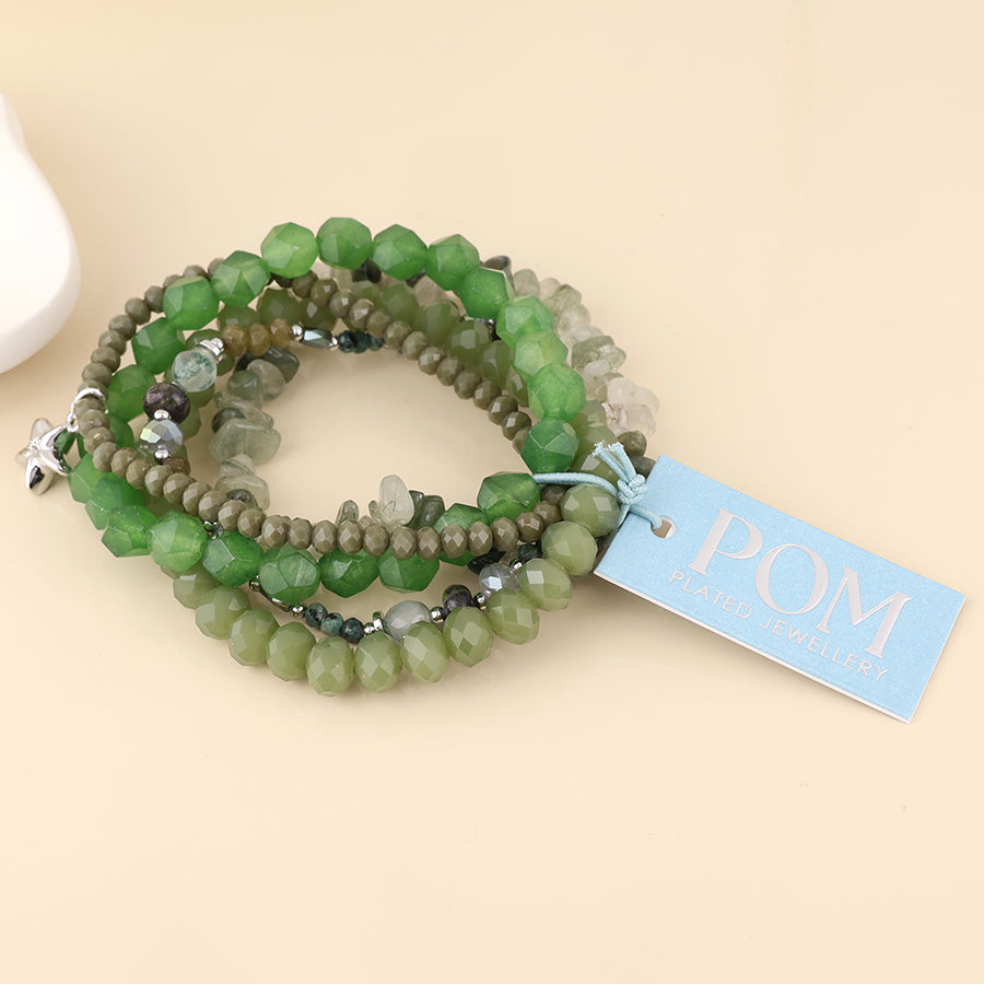 POM Misty five bracelet green mix beaded stack with silver star
