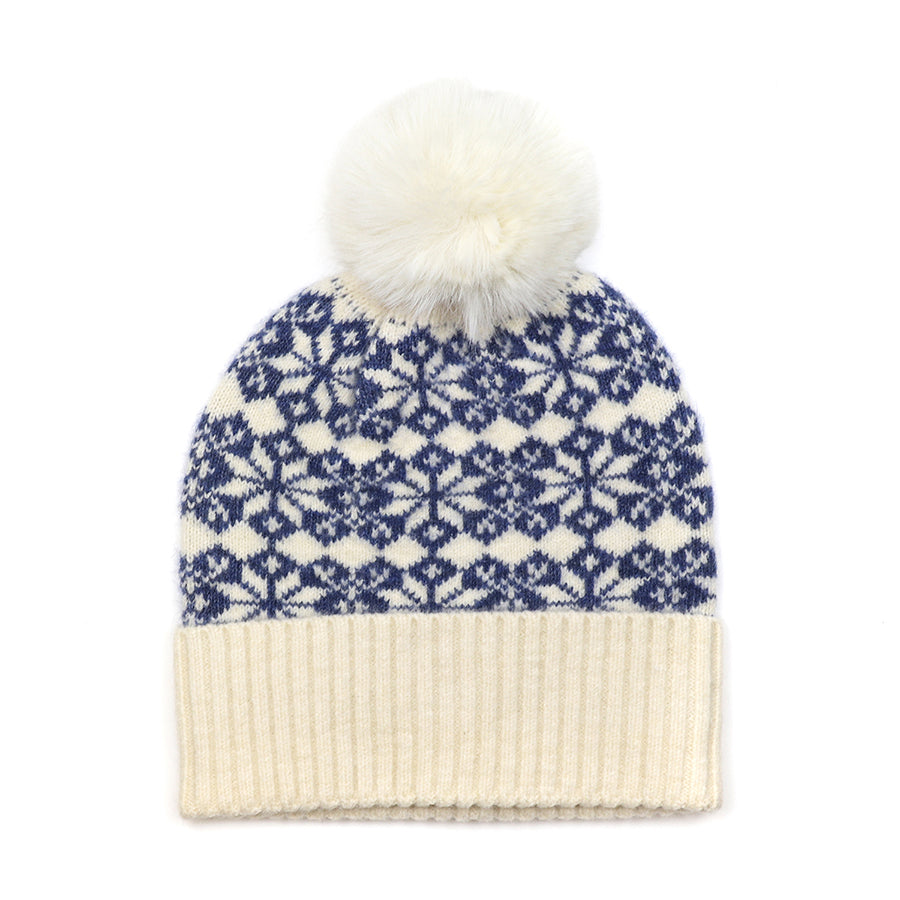 POM Blue and cream mix starflower knit bobble hat