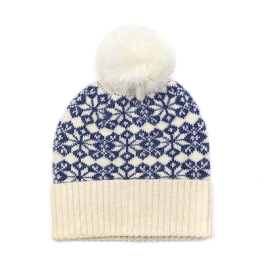 POM Blue and cream mix starflower knit bobble hat