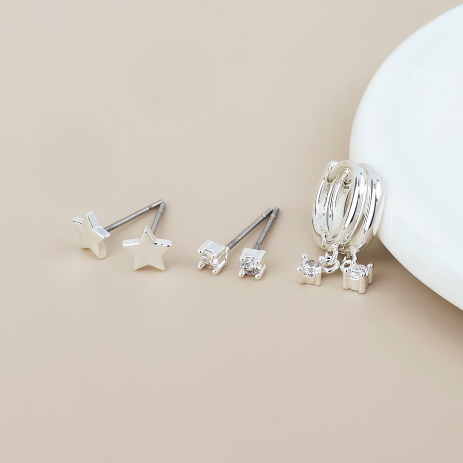 POM Nat silver plated star, hoop and crystal triple earrings set