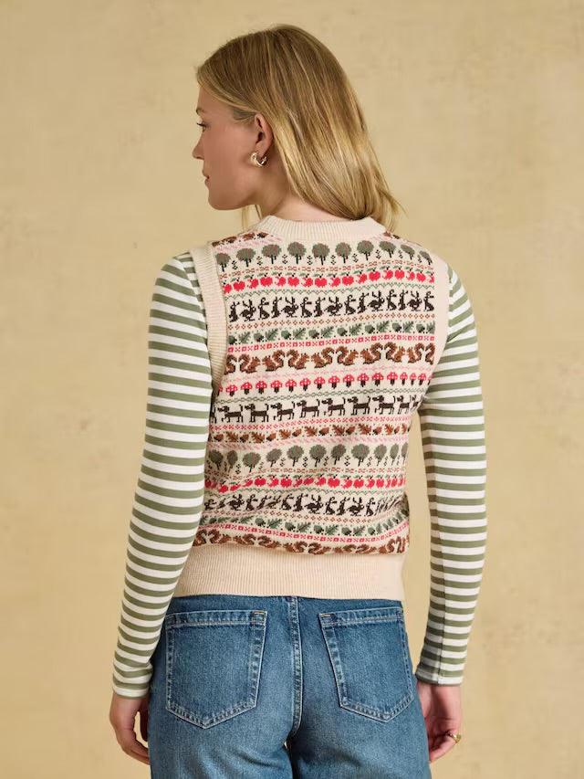 Joules Orchard Pattern Oatmeal Cotton Blend Crew Neck Knitted Vest