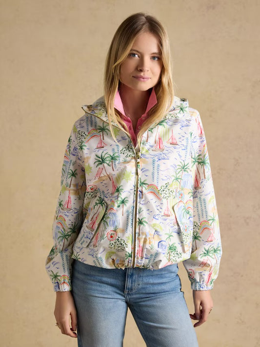 Joules Rainly White Coastal Print Waterproof Packable Raincoat with Hood