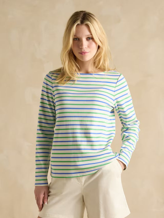 Joules Harbour Green Blue Striped Boat Neck Breton Top