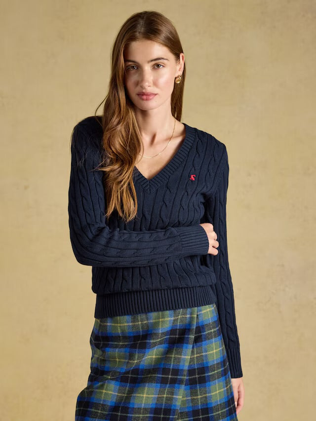 Joules Navy Classic V-Neck Cotton Cable Knit Jumper