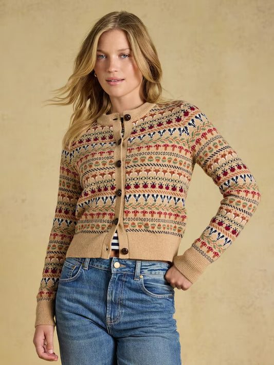 Joules Woodland Pattern Oatmeal Cotton Blend Knitted Cardigan