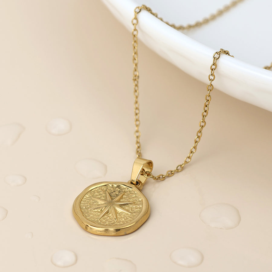 POM Waterproof gold plated compass necklace