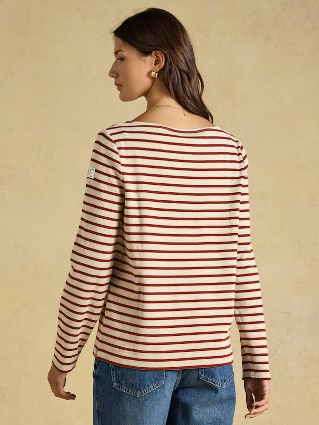 Joules Harbour Oat Marl & Russet Long Sleeve Striped Boat Neck Breton Top