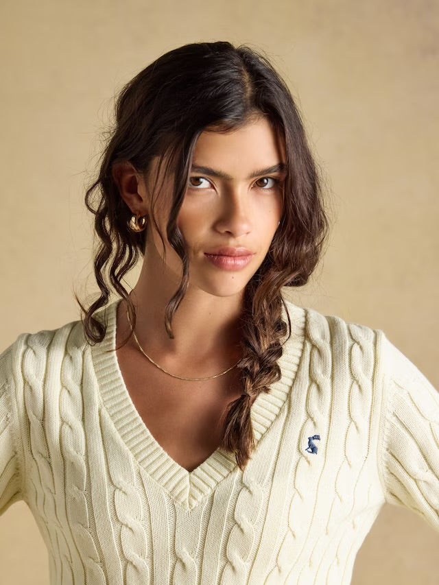 Joules Cream Classic V-Neck Cotton Cable Knit Jumper