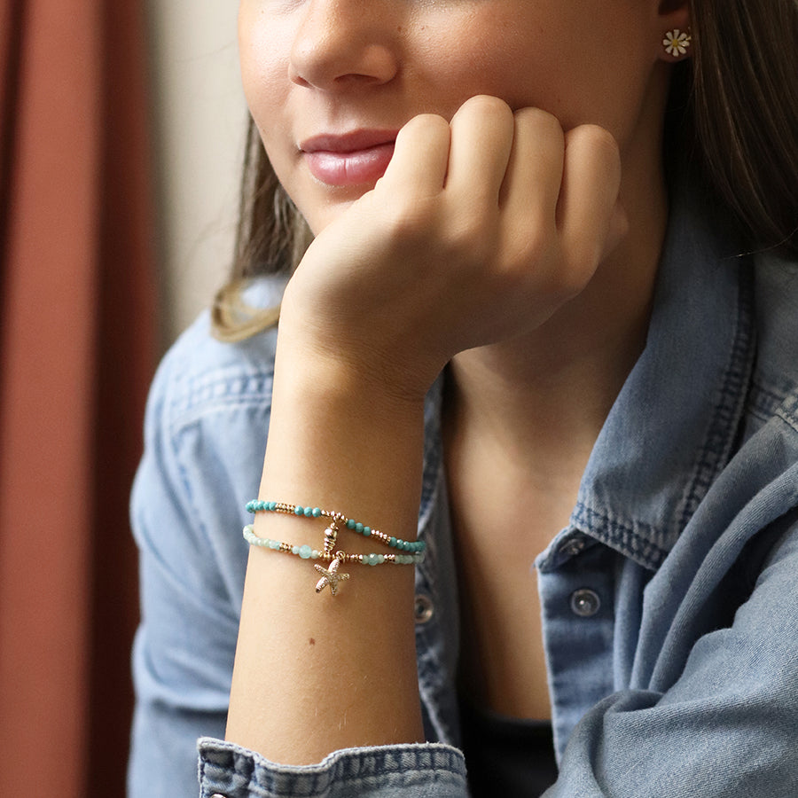 Aqua and Faux Gold Starfish Bracelet