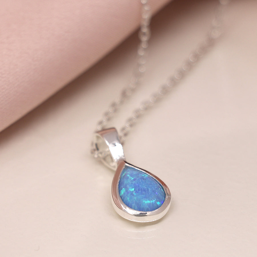 POM Sterling Silver Round Synth Blue Opal Teardrop Pendant Necklace